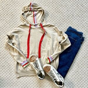 Fate Contrast Stripe Hooded Sweater with Stripes on Cuffs and Back Size Large